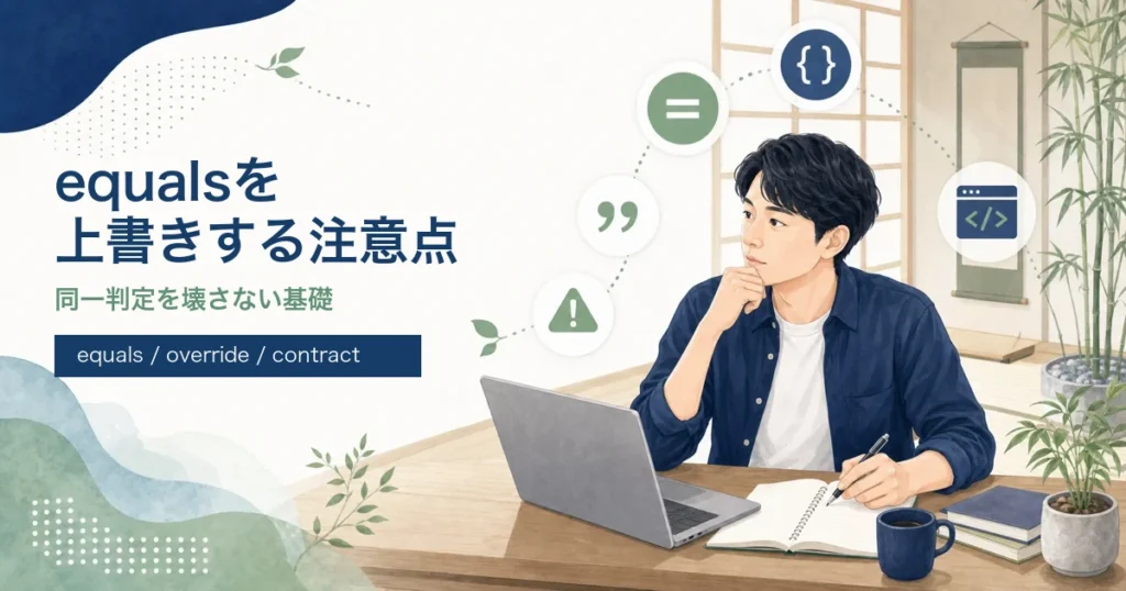Javaのequalsをオーバーライドするときの注意点を解説する記事のアイキャッチ。Java道場風の学習空間で若手エンジニアが同一判定を学ぶイラスト。