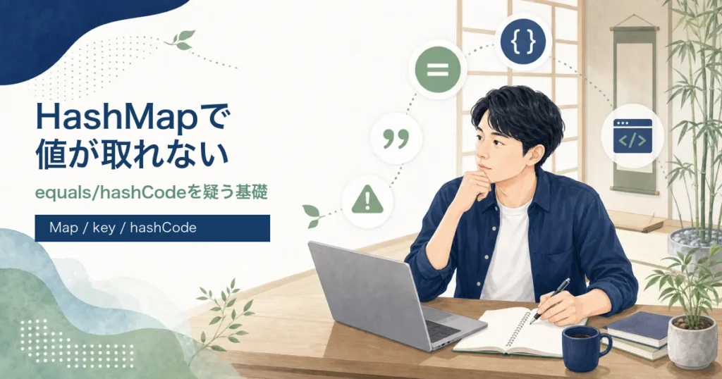 HashMapで値が取れない原因をequalsとhashCodeから解説する記事のアイキャッチ。Java道場風の学習空間で若手エンジニアがMapのキーを学ぶイラスト。