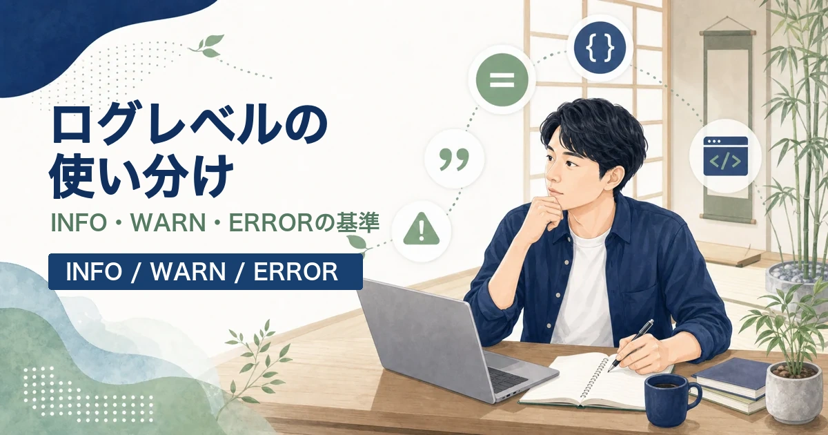 Javaのログレベルの使い分けを解説する記事のアイキャッチ。Java道場風の空間で若手エンジニアがINFO、WARN、ERRORの基準を学ぶイラスト。