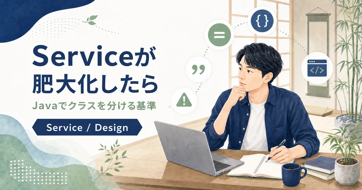 JavaのServiceが肥大化した時にクラスを分ける基準を解説する記事のアイキャッチ。Java道場風の学習空間で若手エンジニアが設計を考えるイラスト。
