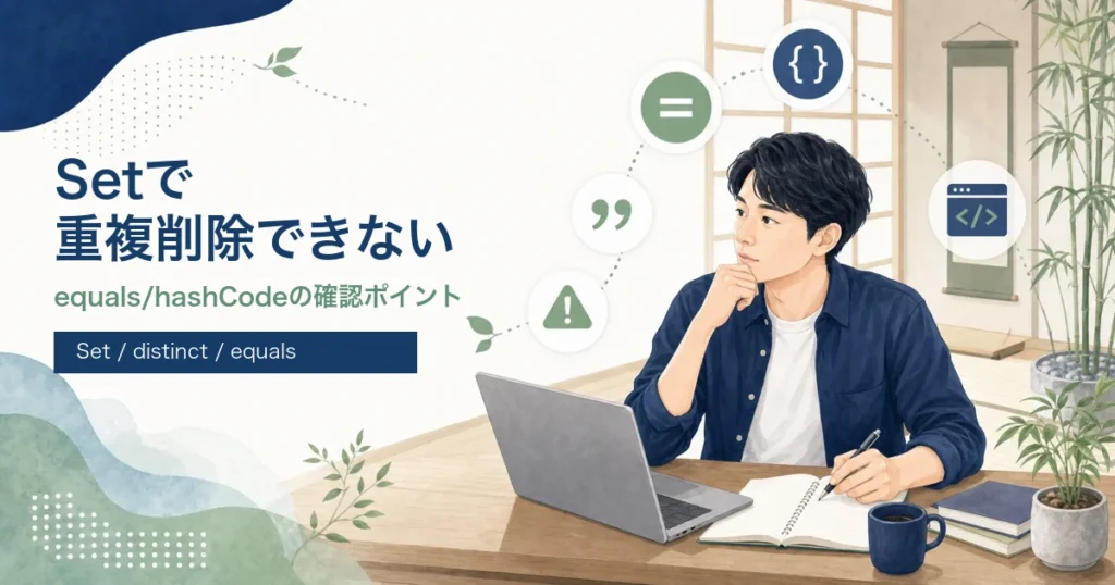 JavaのSetで重複削除できない原因をequalsとhashCodeから解説する記事のアイキャッチ。Java道場風の学習空間で若手エンジニアがHashSetを学ぶイラスト。