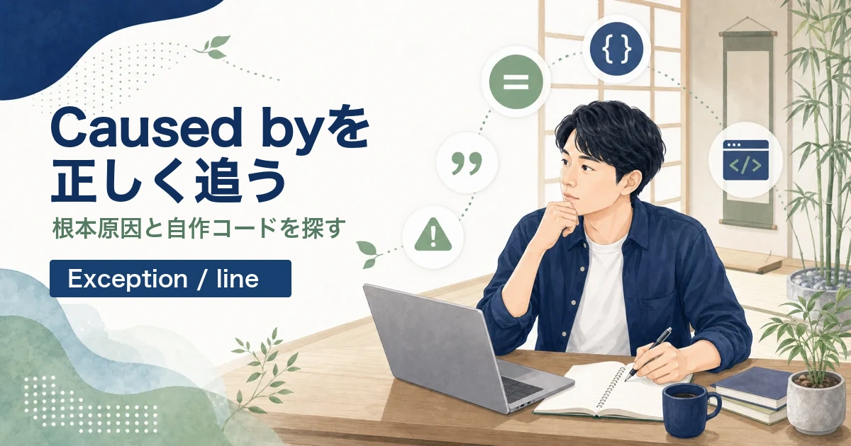 JavaのスタックトレースとCaused byの読み方を解説する記事のアイキャッチ。Java道場風の空間で若手エンジニアが例外の根本原因を追うイラスト。