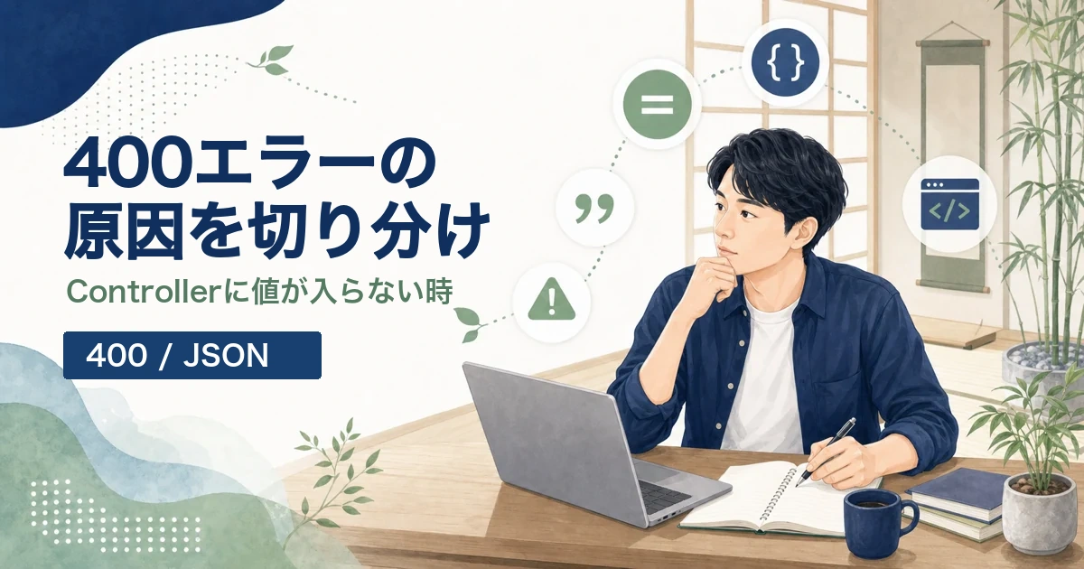 Spring Bootの400 Bad Requestを切り分ける記事のアイキャッチ。Java道場風の空間で若手エンジニアがControllerとJSONのエラーを調査するイラスト。