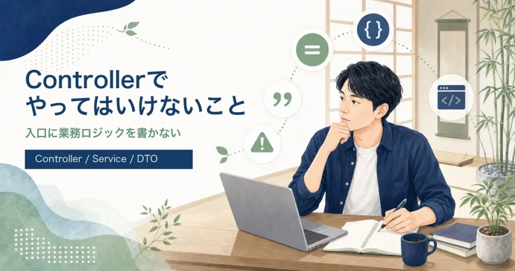Spring BootのControllerでやってはいけないことを解説する記事のアイキャッチ。若手エンジニアがJava道場風の学習空間でControllerとServiceの責務分離を学ぶイラスト。