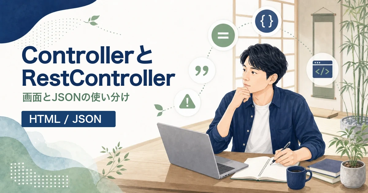 Spring BootのControllerとRestControllerの違いを解説する記事のアイキャッチ。Java道場風の空間で若手エンジニアがHTML画面とJSON APIを学ぶイラスト。