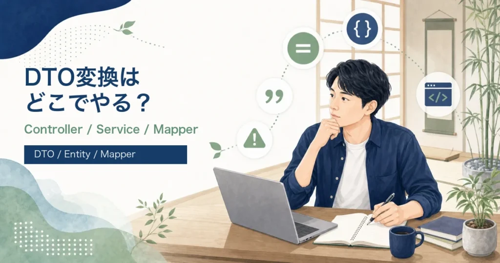 Spring BootのDTO変換はどこでやるべきかを解説する記事のアイキャッチ。若手エンジニアがJava道場風の学習空間でDTOとEntityの変換を学ぶイラスト。