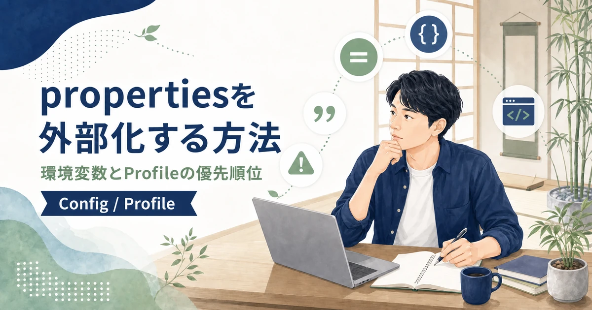 Spring Bootでapplication.propertiesを外部化する方法を解説する記事のアイキャッチ。Java道場風の空間で若手エンジニアが環境変数とProfileを学ぶイラスト。