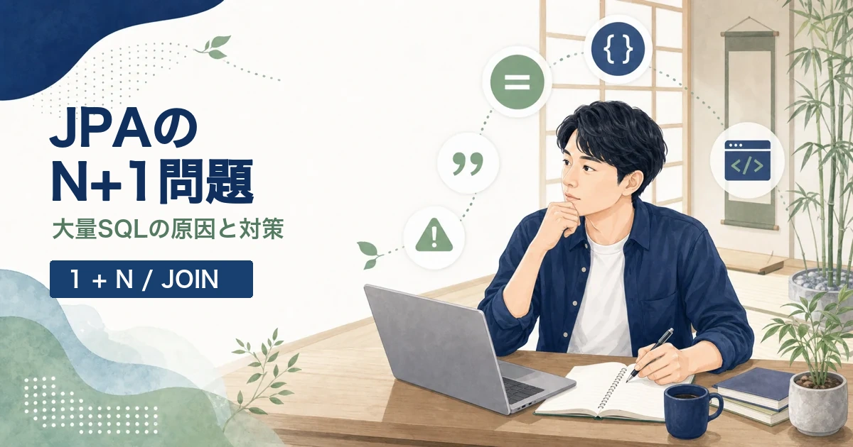 Spring Data JPAのN+1問題を解説する記事のアイキャッチ。Java道場風の空間で若手エンジニアが大量SQLとJOINを調査するイラスト。