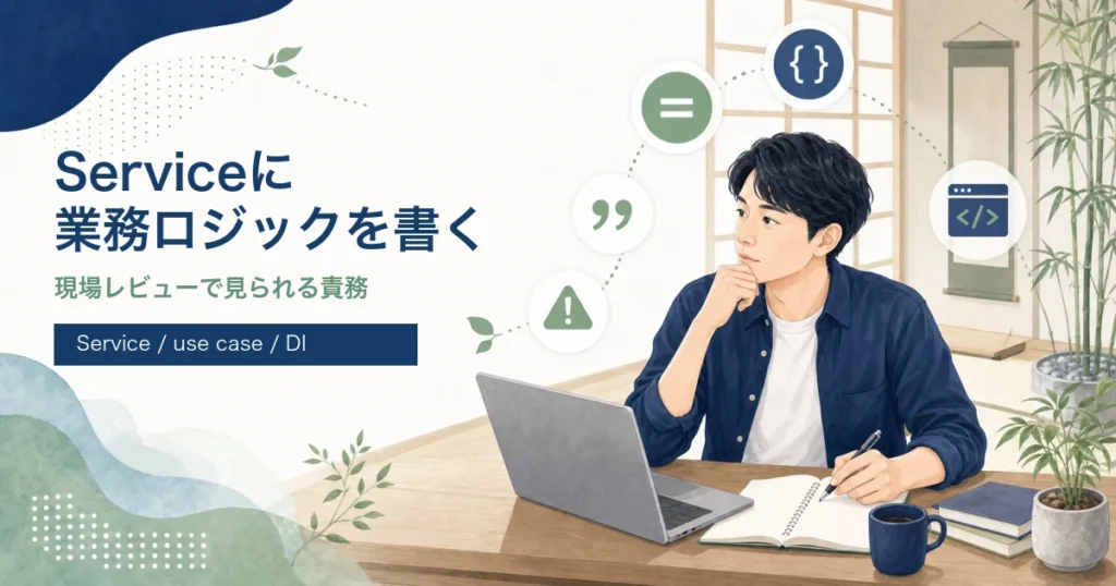 Spring BootのServiceに業務ロジックを書く理由を解説する記事のアイキャッチ。若手エンジニアがJava道場風の学習空間でServiceの責務を学ぶイラスト。