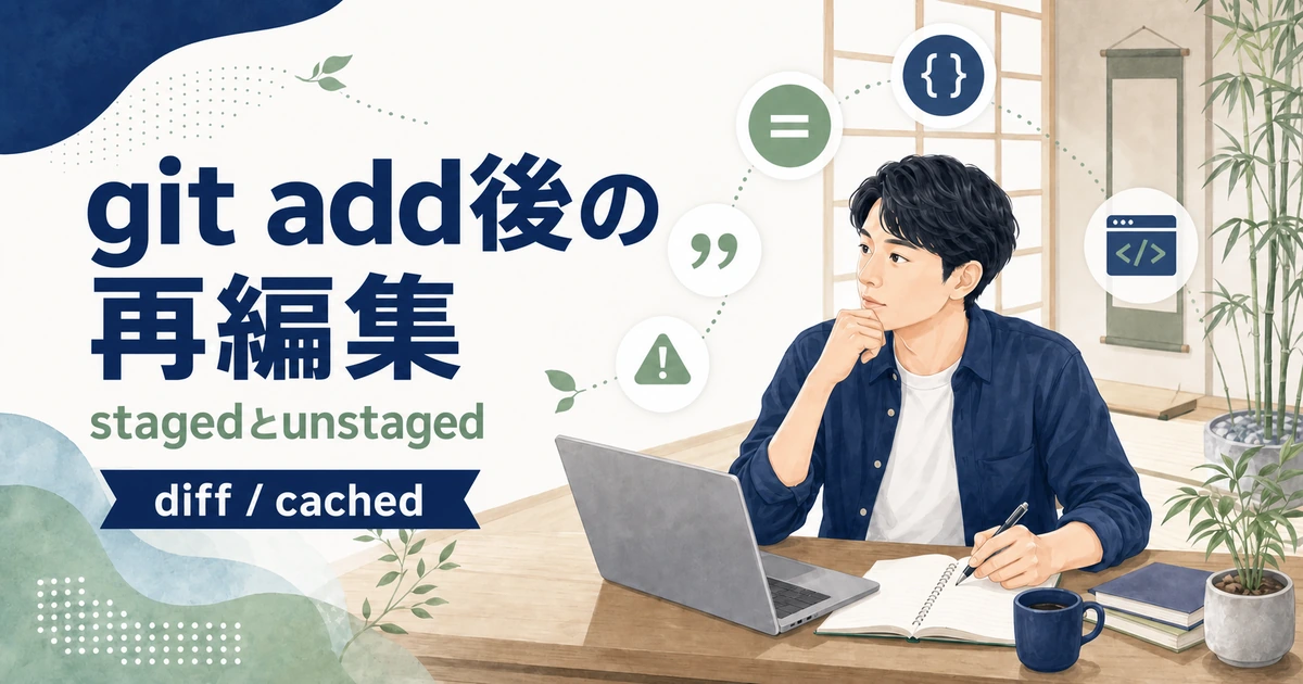 git add後に同じファイルを再編集した時のstagedとunstagedを解説する記事のアイキャッチ。