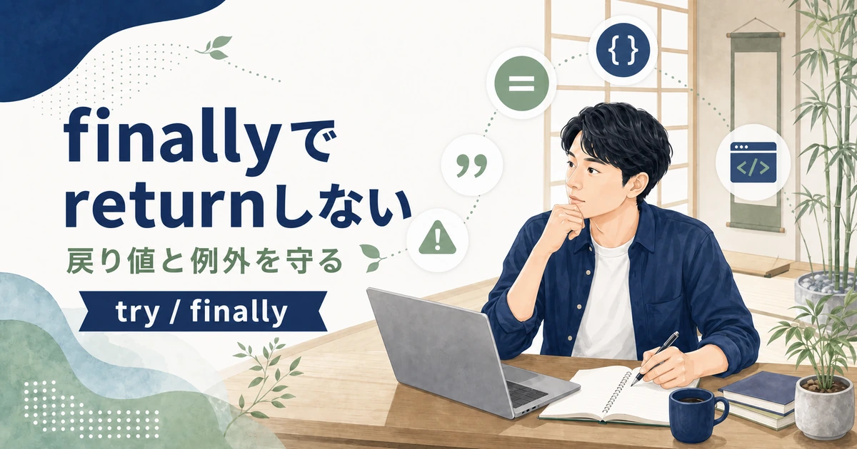 Javaのfinallyでreturnするとtryの戻り値と例外が消える危険を解説する記事のアイキャッチ。