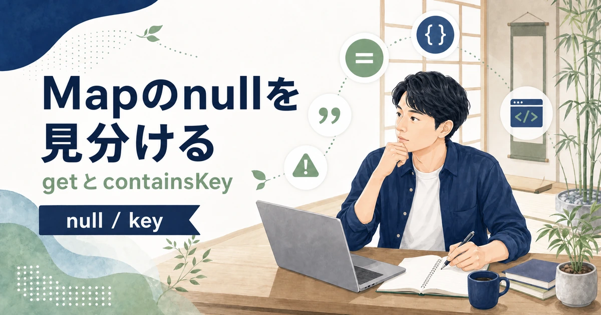 HashMap.getのnullがキー未登録か登録済みnullかをcontainsKeyで見分ける記事のアイキャッチ。