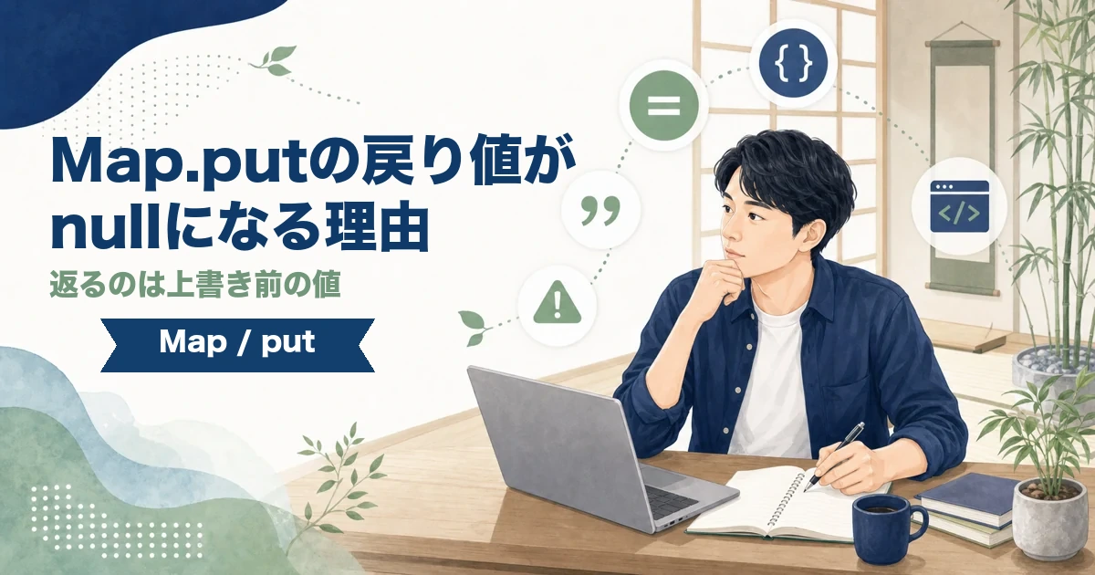 JavaのMap.putの戻り値がnullになる理由と上書き前の値を解説する記事のアイキャッチ。