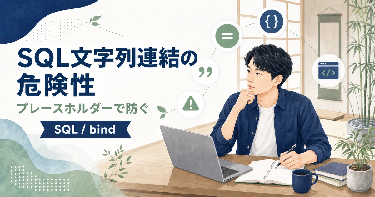 Javaで入力値をSQLへ文字列連結する危険とプレースホルダー対策を解説する記事のアイキャッチ。