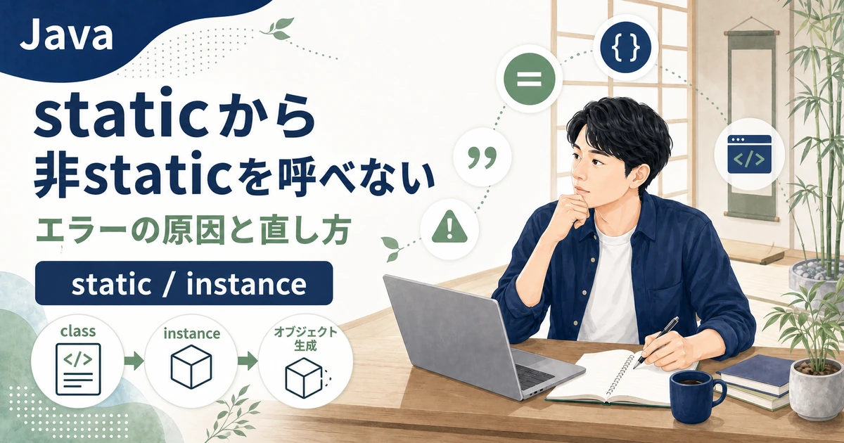 Javaでstatic contextから非staticメソッドを呼べないコンパイルエラーの原因と直し方を解説する記事のアイキャッチ。
