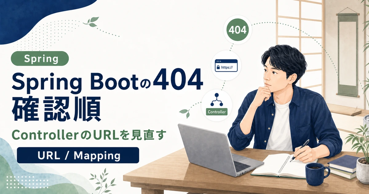 Spring Bootの404 Not Foundについて、ControllerのURLとRequestMappingの確認順を解説する記事のアイキャッチ。