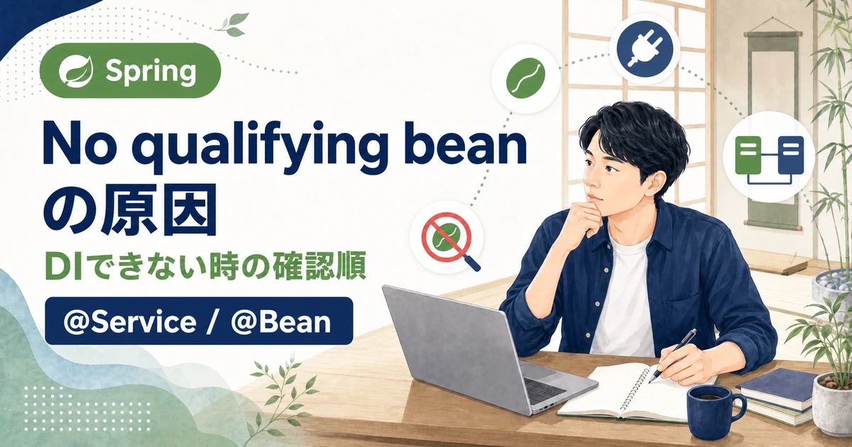 Spring BootのNo qualifying bean of typeエラーとDIできない場合の確認順を解説する記事のアイキャッチ。