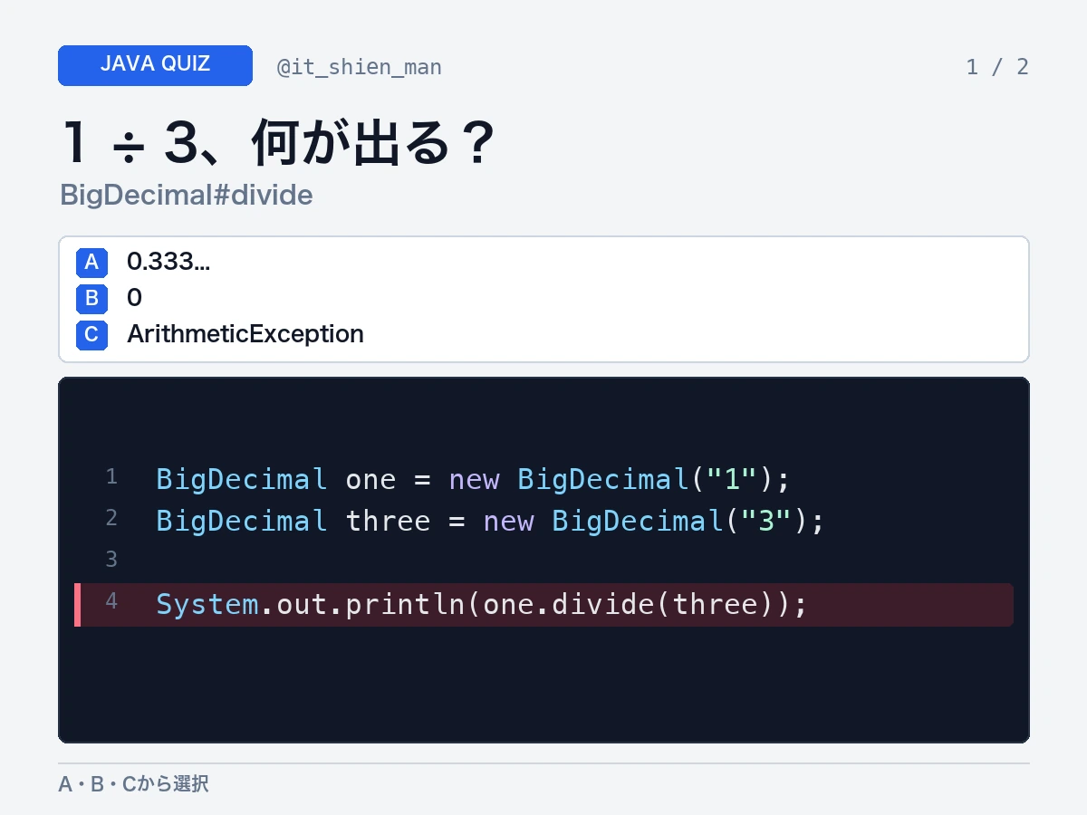 BigDecimalの1を3でdivideした結果を問うJavaクイズ画像。