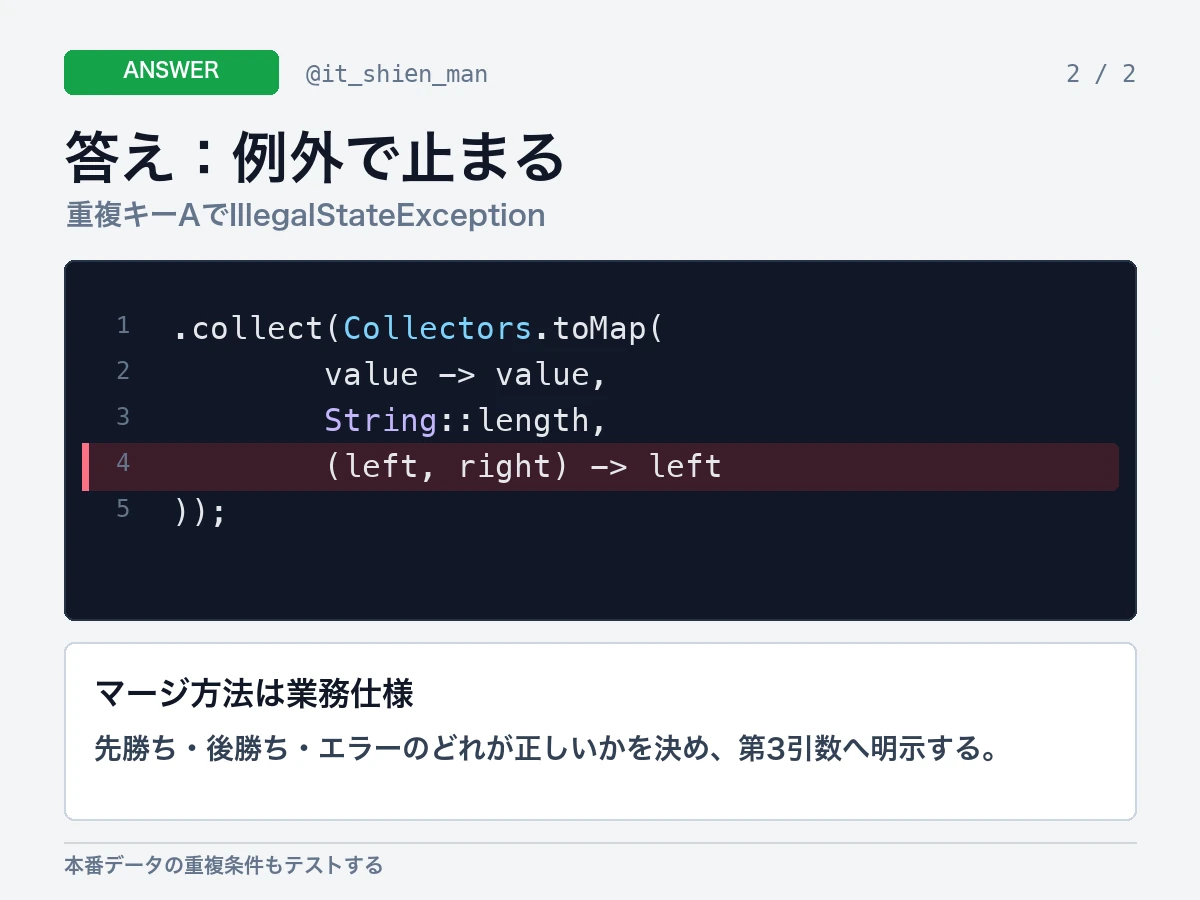 Collectors.toMapで重複キーAによりIllegalStateExceptionとなり、第3引数でマージ関数を指定できると説明する回答画像。