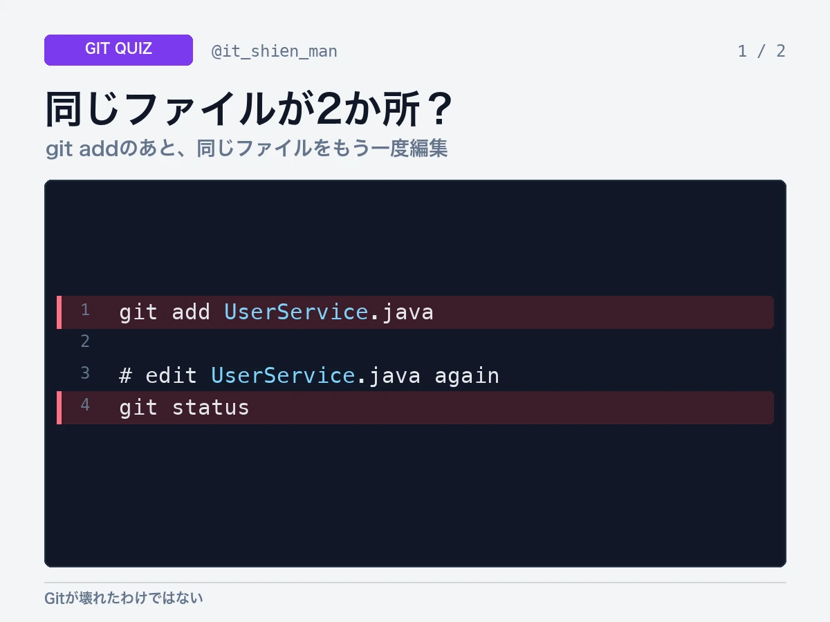 UserService.javaをgit addした後に同じファイルを再編集し、git statusの結果を問うGitクイズ画像。