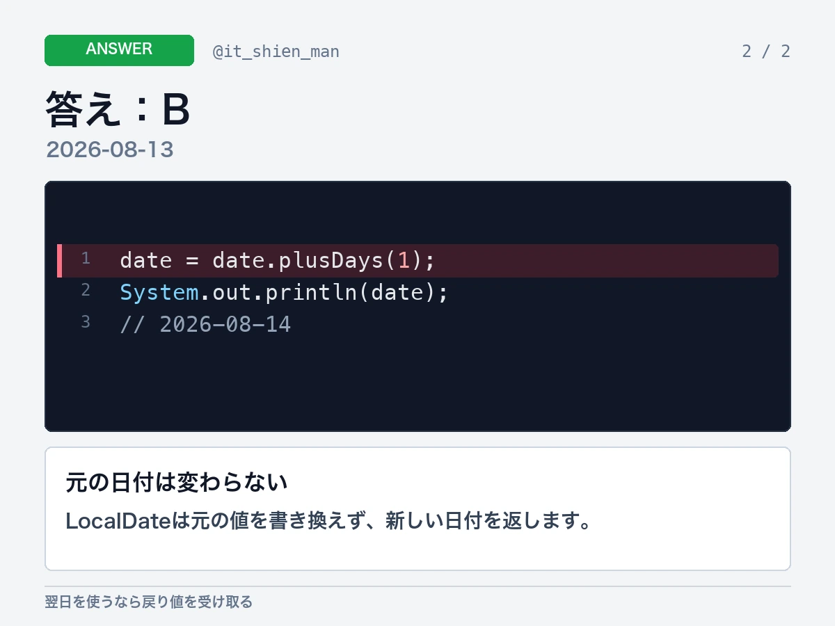 LocalDateは不変でplusDaysの戻り値を代入しないため元の日付のままと説明する画像。