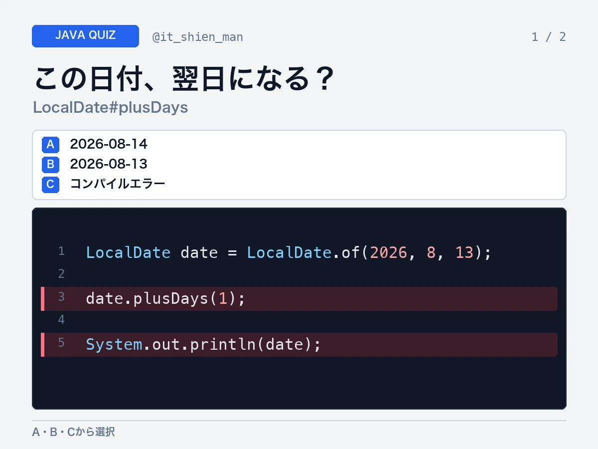 LocalDateへplusDays(1)を呼んだ後に元の変数を出力した結果を問うJavaクイズ画像。