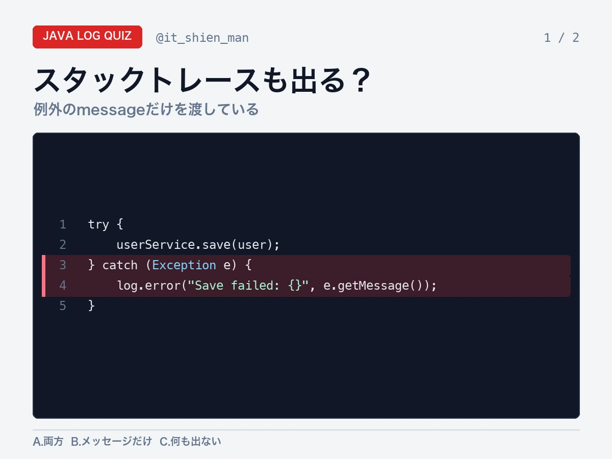 e.getMessageをlog.errorのプレースホルダーへ渡したときスタックトレースが出るか問う画像。