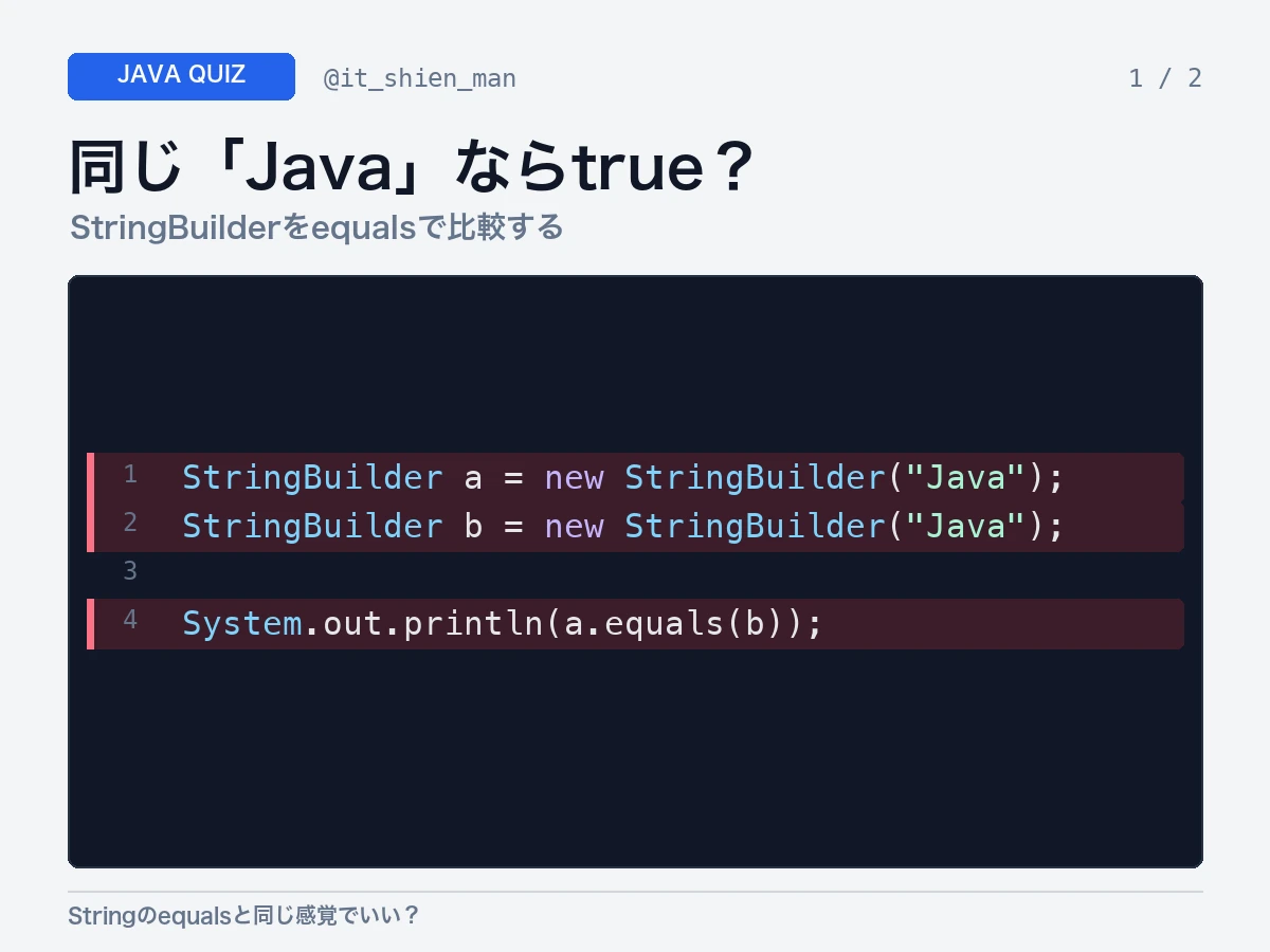 同じJavaという内容を持つ2つのStringBuilderをequalsで比較した結果を問うJavaクイズ画像。