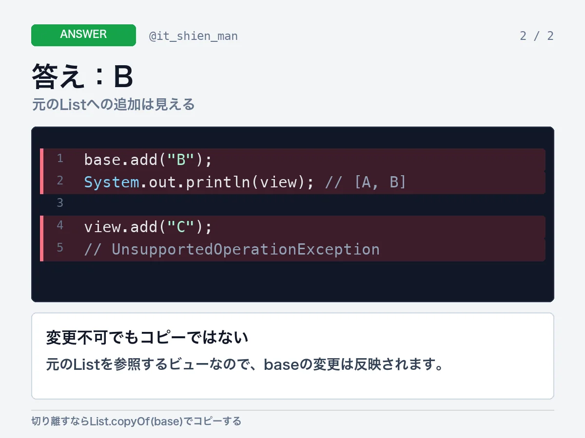 答えはBのAとBで、Collections.unmodifiableListはコピーではなく元のListを参照するビューだと説明する画像。