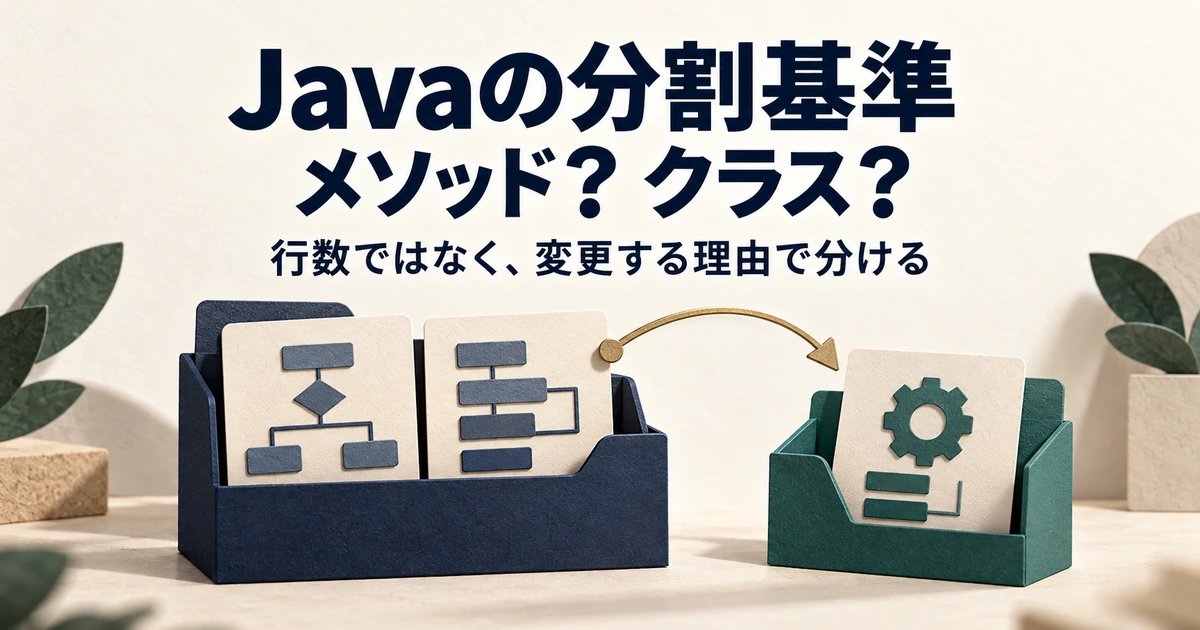 Javaの分割基準。メソッドかクラスか。行数ではなく変更する理由で分ける。ひとつのフォルダ内の処理を独立したフォルダへ取り出す紙の立体イラスト。