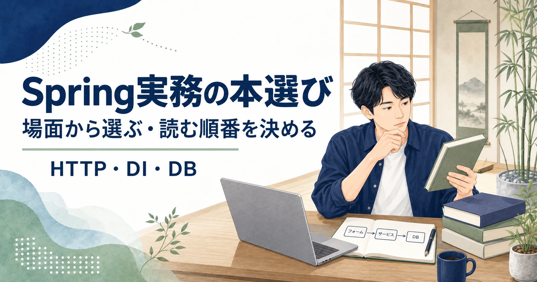Spring実務の困りごとから読む本と順番を選ぶ記事のアイキャッチ。若手エンジニアがフォーム・サービス・DBの流れを書いたノートと技術書を確認するイラスト。